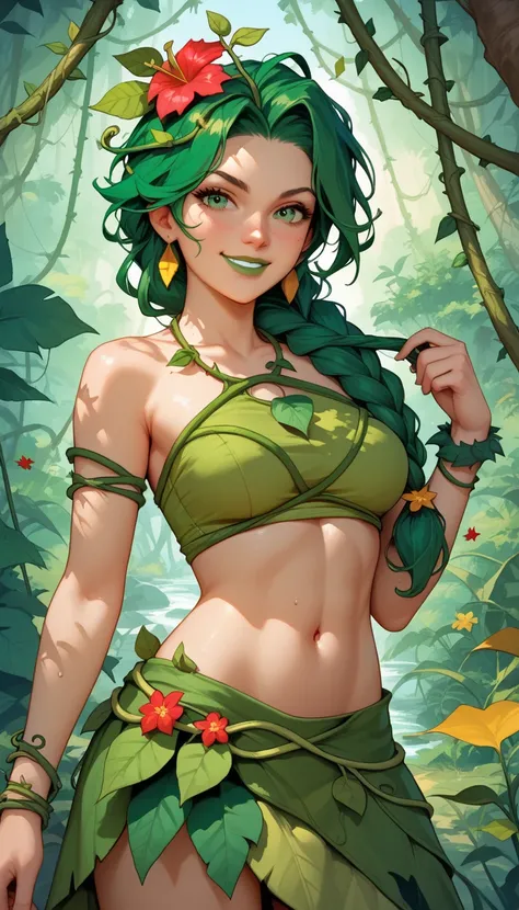 High-quality, High resolution, masterpiece, jungle background, looking at viewer, dryad, woman, smirk, leaf midriff, vines midriff, green hair, flowers on hair, one long braid, big leaf skirt, vines warp on skirt, green eyes, green lips, vines on body, lea...