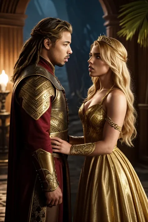 Michael B. Jordan and Scarlett Johansson stand together inside a castle decorated with jungle leaves. Michael sports a mane of reddish-brown dreadlocks resembling a lion's mane. Both wear Westeros-style regal attire. Michael wears a cream-colored kingly ou...