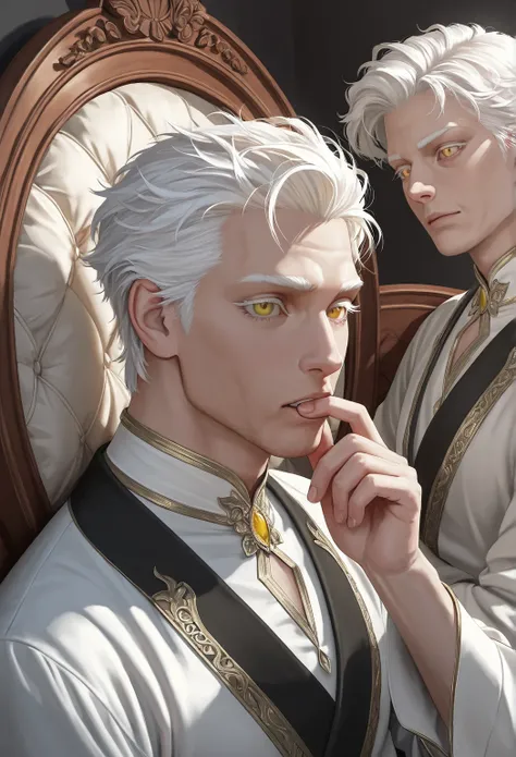  handsome mature man , Albino white hair, Wearing luxurious period clothes ( perfect anatomy )  Male Hair, dense hair, short hair,white eyelashes and eyebrows,bright yellow eyes,  perfect eyes , detailed eyes, Realistic eyes hand in mouth perfectly, Alone,...