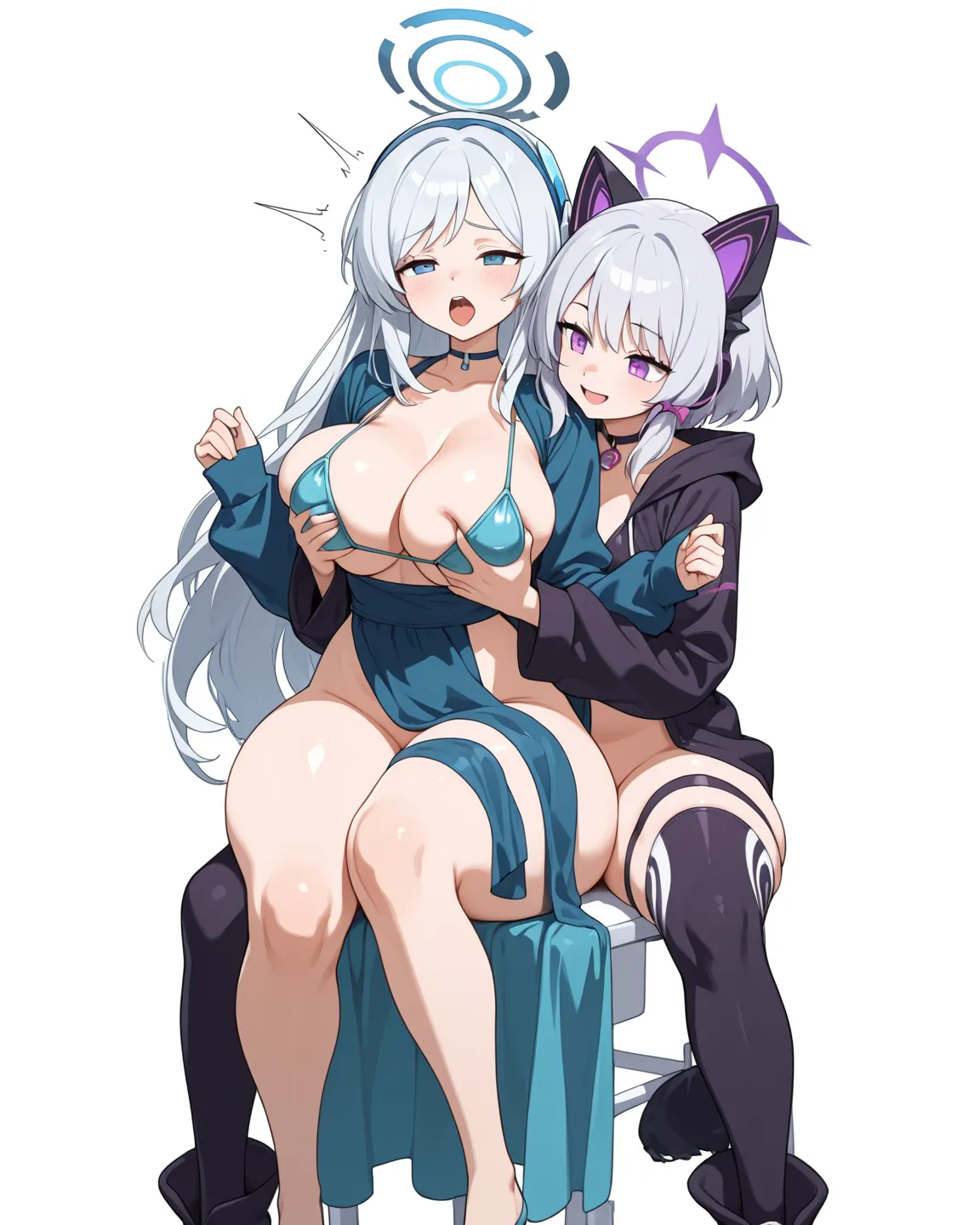 Large breasts, huge thighs, wearing solely bikinis, 2 girls, groping, bottomless, no jacket, leg spread, looking pleasured, squeezing breasts, no sleeves