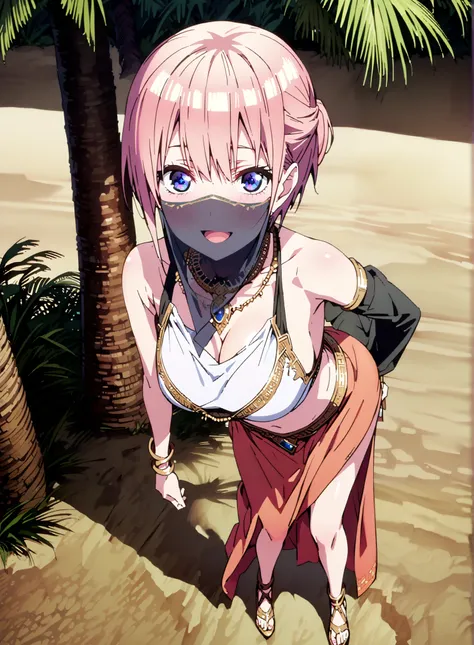 score_9, score_8_up, score_7_up,  source_anime,  Nakano Ichika,  short hair, Alone,bangs, blue eyes,  o, pink hair near MM, smile,blush,open your mouth,half updo,Big Breasts,Chest Valley,Arabian clothing,  dancer , mouth Veil, belly Dancing, Veil, armlet, ...