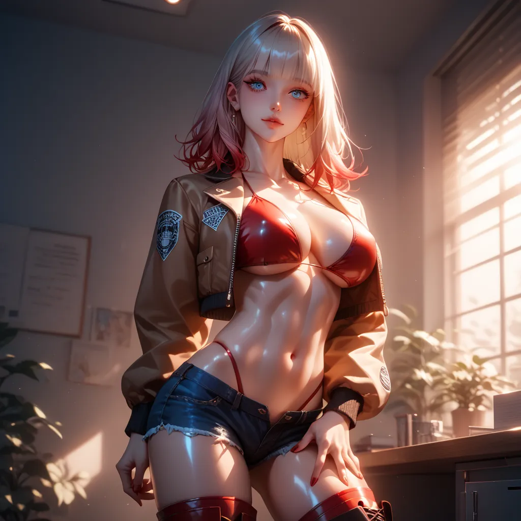 hand on own ass, ((red black, hair, gradient hair ), top quality、 ( professional lighting without shadows )、 surreal, is fascinating、figure like a slender supermodel、 1 girl, ( big breasts, Belly button exposed), ( flat at honny, beautiful skin)), (明るい and...