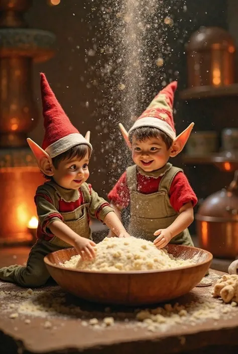 "A tiny elf kneads dough in a large wooden bowl while another sprinkles flour playfully, creating a magical sparkling effect. The atmosphere is joyful, with warm candlelight reflecting off copper pots."