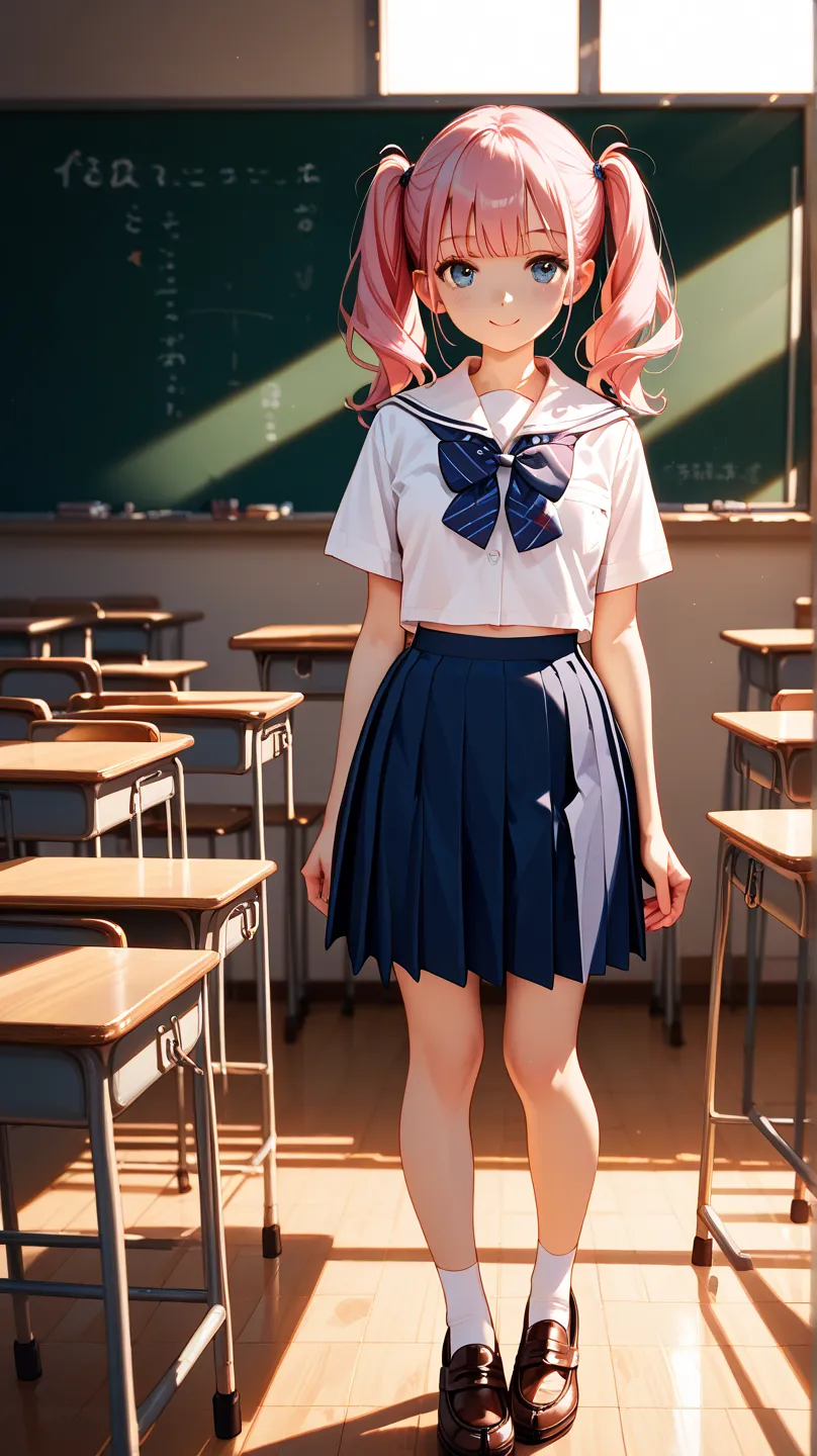 One girl. Full body standing. Simple background. Pink hair. School uniform. Brown loafers. Front view.