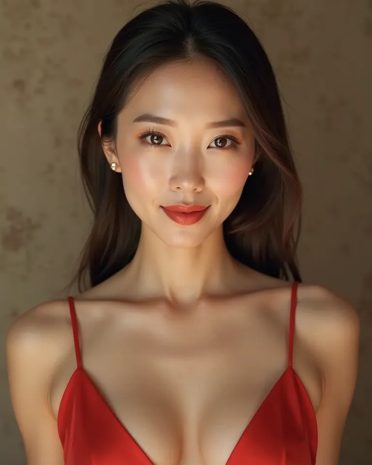 A surreal portrait, Closed plump heart lips, face-shot, that clearly shows every facial line and upper body of a 45-year-old East Asian woman with mature beauty, elegant and charming.

She has a full oval face, creates an appeal full of sophistication and ...