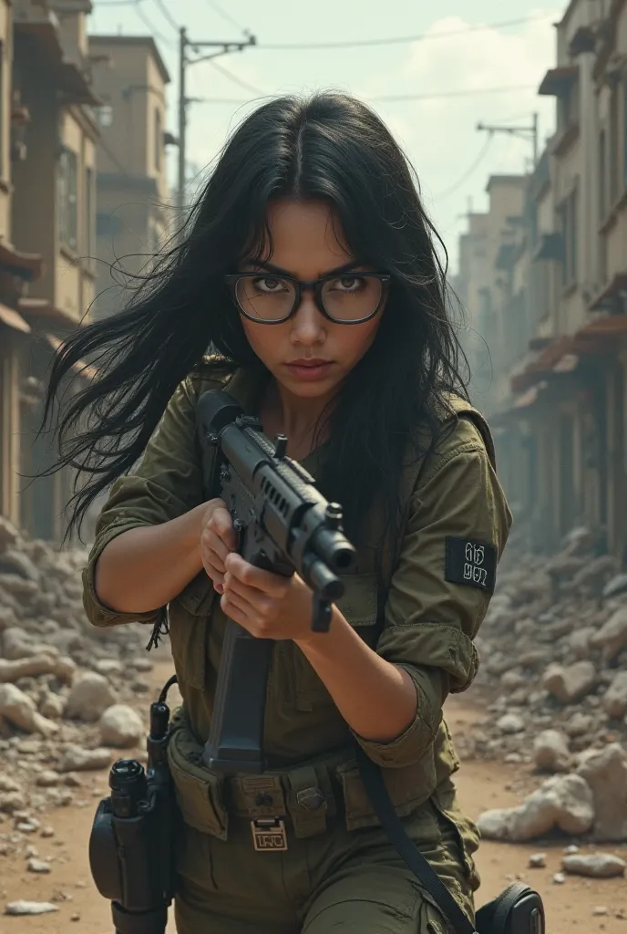 Mexican girl with round face fighting in a war zone with black hair and black glasses 