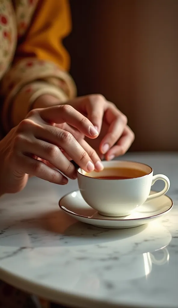 A tender moment captured through hands—A young Indian woman gently adjusting her elderly father’s shawl or carefully handing her mother a cup of tea. The finest marble surface reflects the scene, adding a sense of elegance and depth. The focus is on the de...