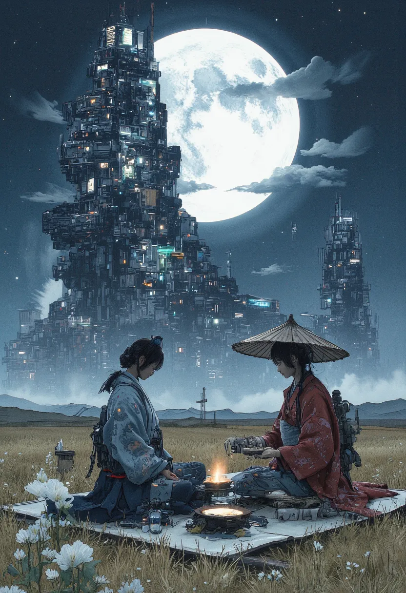 cyberpunk Night of a huge full moon , 1 tatami mat is placed on the prairie , 2 tea people hold a tea  , A huge full moon that shines white , surreal コラージュ, a contemporary artistic コラージュ, collage art work, new album jacket, Great Job !, digital collage ,co...