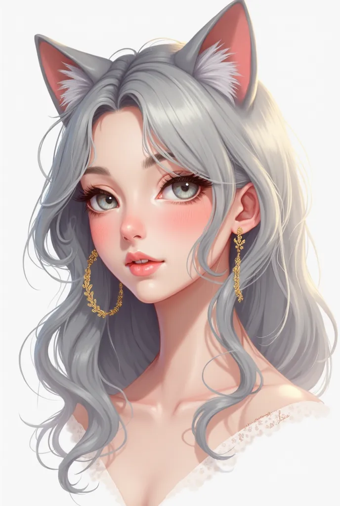  illustration texture ,Portrait of a delicate ager,Light gray flowing hair,Cat ears,Fashion earrings,White background on the front, HD,4K,Professional texture,Realism,Extreme Details,Soft tones,Relaxed atmosphere,Soft Light