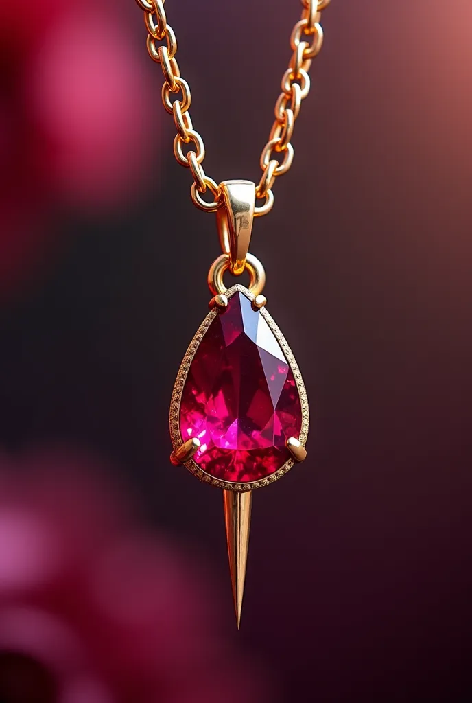 A simple and beautiful Ruby necklace with golden chain and a sharp needle sprang out of it 