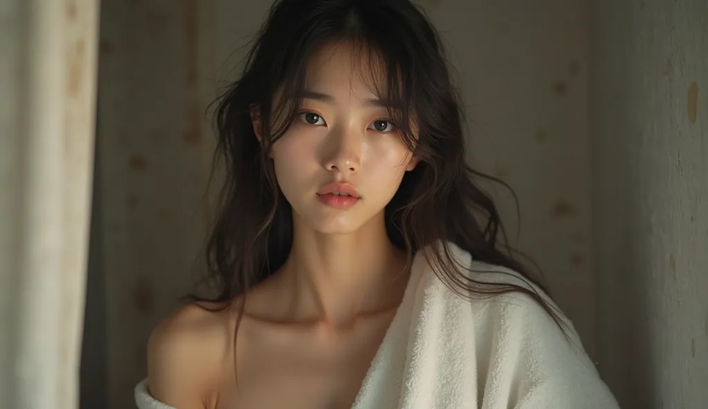 Highly realistic 8k photo,  Asian girl , gadis Korea, 17 and  .o girl,  long hair with bangs , Wearing a towel , Fond of a black man in his house