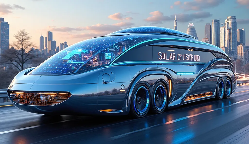 A gigantic solar-powered futuristic city on wheels, standing as tall as a 20-story building and stretching as long as four football fields. The vehicle is fully covered in high-efficiency solar panels, generating unlimited clean energy. It has automated re...