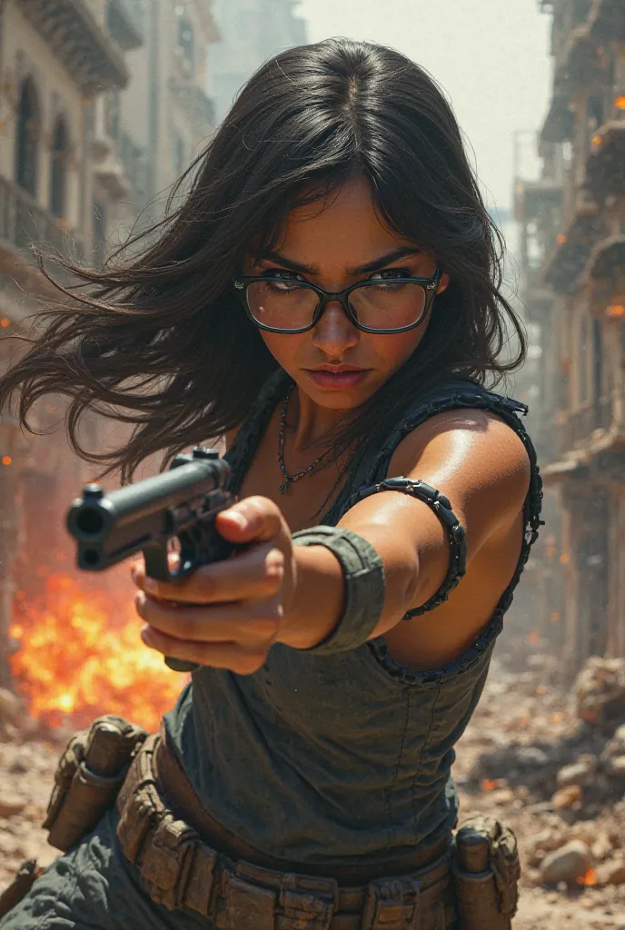 Mexican girl with a slightly chubby face and wide nose fighting in a war zone with black hair and black glasses 