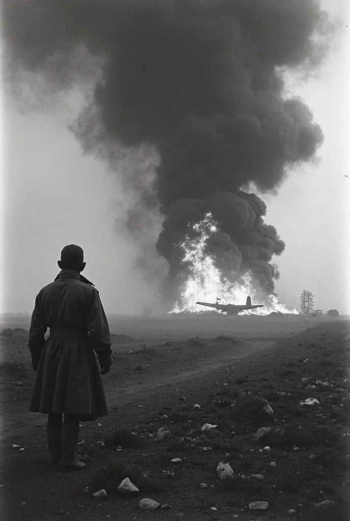 A black-and-white historical scene of a plane crashing in Taiwan on August 18, 1945. Flames and thick smoke rise from the wreckage, while a shadowy figure watches from a distance. The scene has a vintage and mysterious feel