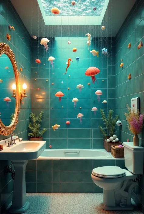 Bathroom with artificial lighting with marine animals hanging from the ceiling