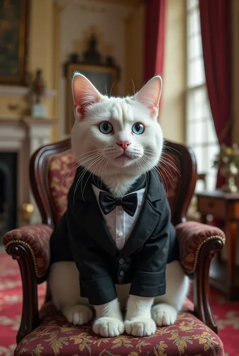 A white cat with soft fur, with bright blue eyes and big, wears an elegant Victorian suit in black with a white shirt and a black bow tie.. The cat sits in an elegant position on a classic wooden chair in a Victorian room decorated with ancient artifacts, ...