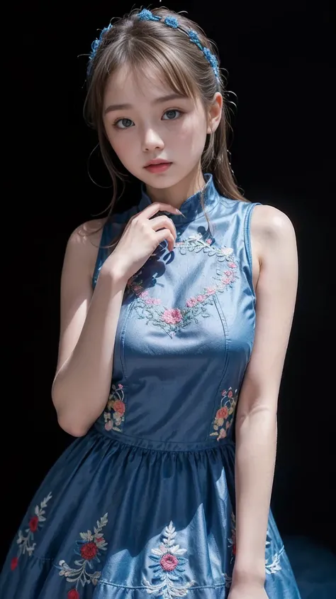 ( nsfw、 top quality, masterpiece, 16k, very well detailed 、 beautiful skin , professional lighting ) 、black background、black background、cute china dress、Blue China Dress 、Cute girl、(((13-years-old))) 、small breasts、 stand and pose、(((Blue China Dress 、Blue...