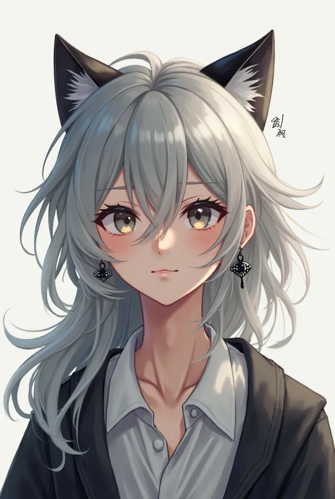 [3-head-body eco-theme] (linen texture + realistic lighting). A delicate portrait of a  university man with light gray flowing hair, black cat ears, and stylish earrings. The background is white and in the front view. It is in high definition, 4K resolutio...