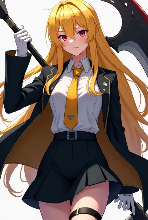 anime girl, yellow hair,crimson eyes , serious look, white gloves,  short black skirt, long sleeve black jacket, white shirt with yellow tie,technological black scythe in hand,young look.