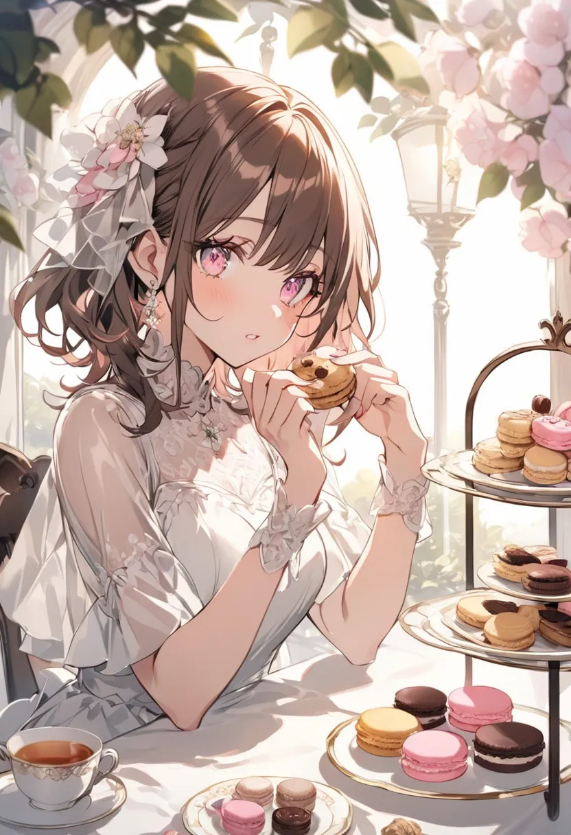 Alone，medium hair,pink highlights on brown hair, dress,woman, Light Pink Eyes , table, macarons,cookie,Afternoon Tea