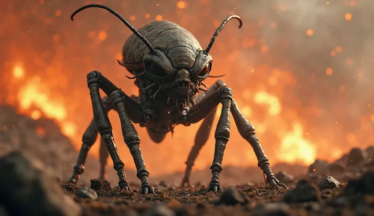 A defeated insect-like alien overlord with a cracked exoskeleton crawls from smoldering wreckage.  Flames flicker behind. Sci-fi triumph, wide shot, 16:9, 4k resolution