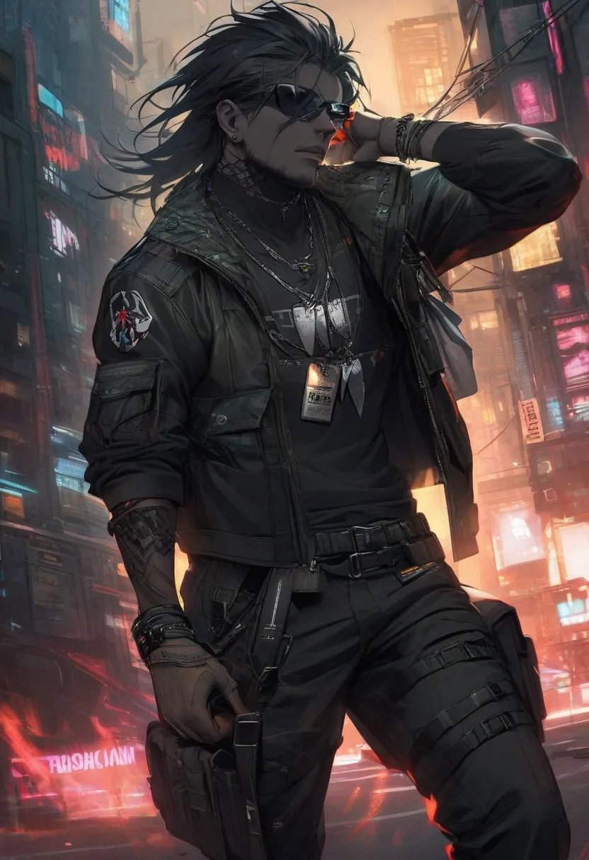 male character with a modern and rebellious style, inspired by cyberpunk or urban aesthetics.

 description of the style :

Clothes:

black leather jacket with metallic details, giving it a rude and stylized air.

tight black t-shirt, highlighting his athl...