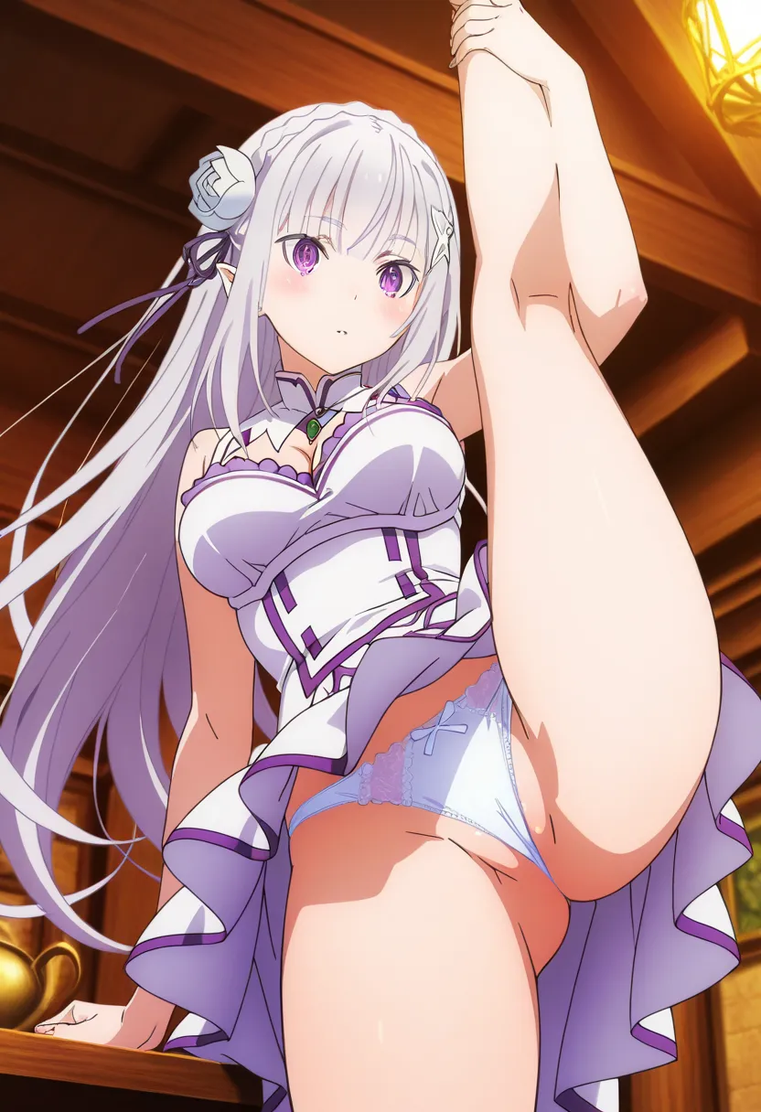 
emilia,hair ornament,long hair,hair flower,flower,bangs,hair ribbon,pointy ears,x hair ornament,breasts,cleavage,braid、OFFICIAL ART , ,Best Quality Official Art Best quality, Best Quality Official Art OFFICIAL ART BEST QUALITY 「(masterpiece)), (best quali...