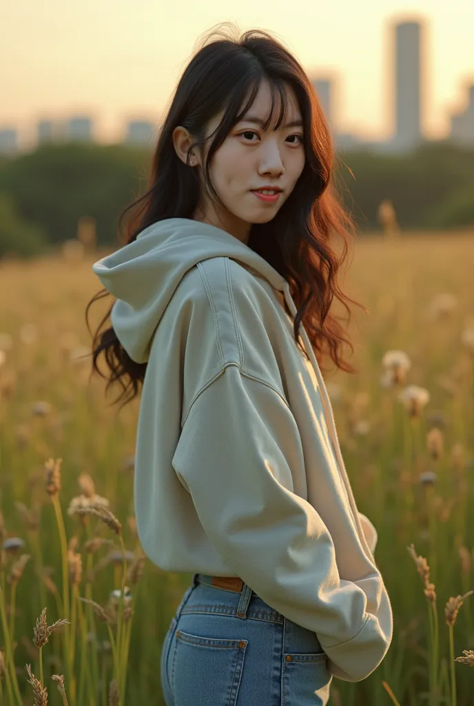 young beautiful woman, denim pants, hoodie, looking at me, smiling, black hair, embarrassed, high quality, detailed portrait, realistic, photorealistic, cinematic lighting, dynamic pose, intricate facial features, delicate skin texture, warm color palette,...