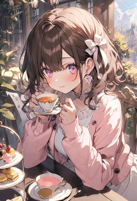 Alone，medium hair,pink highlights on brown hair, dress,woman, Light Pink Eyes ,Afternoon Tea,cardigan