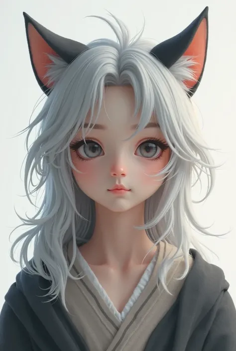 [3-head-body eco-theme] (linen texture + realistic lighting). A delicate portrait of a  university man with light gray flowing hair, black cat ears,. The background is white and in the front view. It is in high definition, 4K resolution, with a professiona...