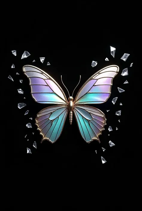 A hyper-realistic image of a butterfly made of holographic material broken into several pieces, creating an aesthetically balanced design. Its wings are shattered symmetrically, as if they were fragmented in the air, while still maintaining the structure o...