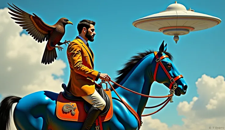 Painting of a man and a Terminator robot with a bird on their shoulder sitting on a blue horse and a flying saucer in the sky, inspired by Michael Cheval, Michael Cheval (    unreal engine    , hyperrealistic Art Nouveau, Decorated art, Esao Andrews : : De...