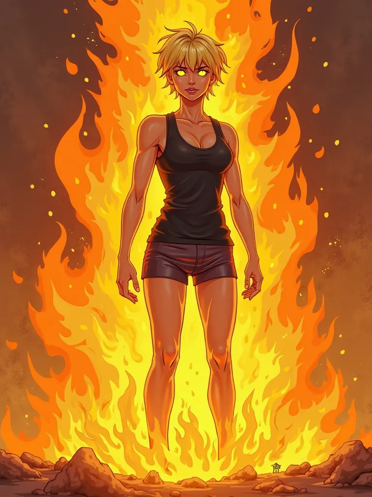 journey young woman with short blonde hair and glowing yellow eyes stands in the center of an orange fire, wearing tight shorts over her black tank top, radiating power as flames swirl around her, in the style of Skottie Young, in the style of Brian Kesing...