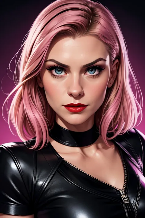 A waist-up portrait of a beautiful female whose face combines features of Claire Danes + Samaire Armstrong + Sabrina Carpenter + Katharine McPhee. The female wears a pink short-sleeve top and black leather pants and black high-heeled boots. The female has ...