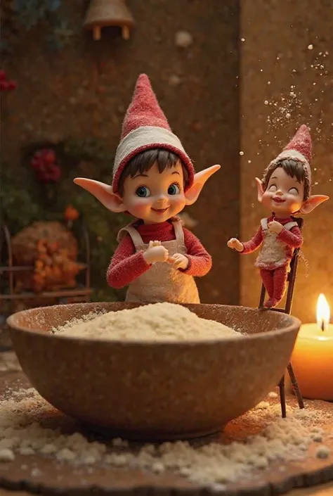 "A real-life tiny elf kneads dough with his small hands in a large wooden bowl. Another elf, standing on a tiny ladder, playfully sprinkles flour into the air. The scene is illuminated by soft golden candlelight, creating a warm and inviting atmosphere."
