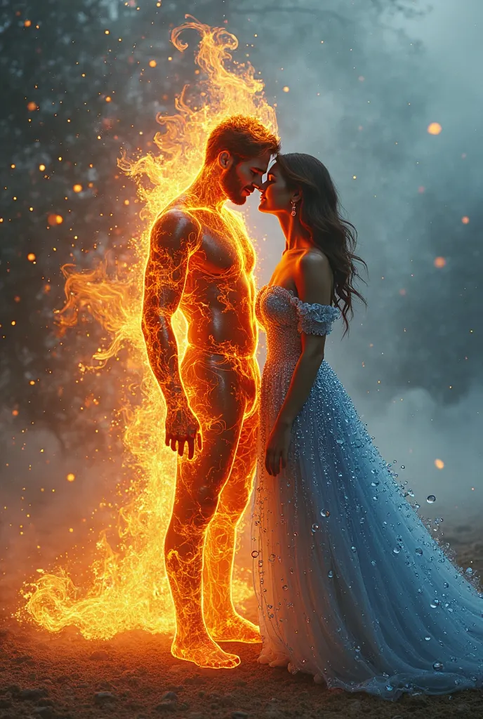 Créer une photo d'un couple, (The man is disguised with a flaming suit on the right he represents fire), (The woman is on the left she is wearing a dress made of drops of water and she represents water)