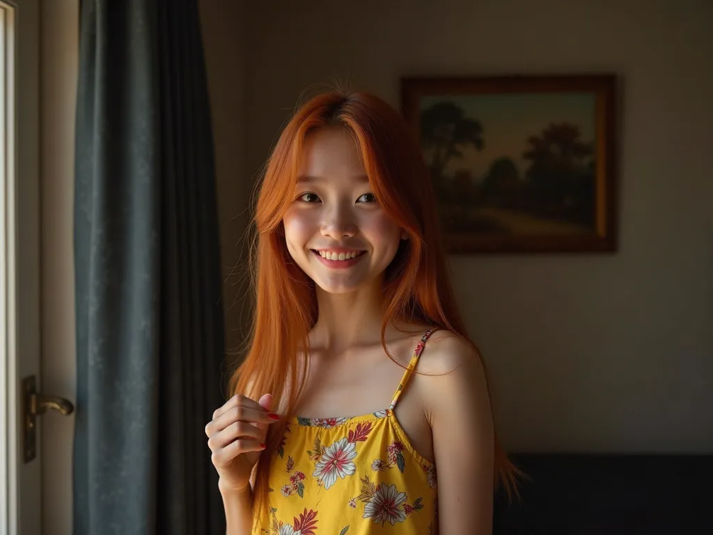 A cute petite asian girl in her 20s, smiling, long redhead, holding one of her dress strap with her thumb, wearing a yellow floral strap sundress, standing inside home,dark outside window, dim lights, calm tones, dark outside window