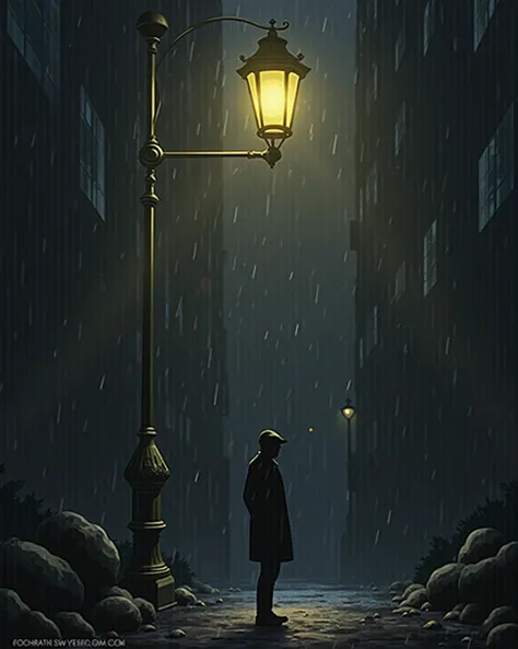 Wide angle, (Something other than a single person stands under the street lamp'1.5),realism, Super Detail, High Resolution, masterpiece, Best Quality, (rain:1.1),(One street lamp:1.5),(At dusk '1.5)