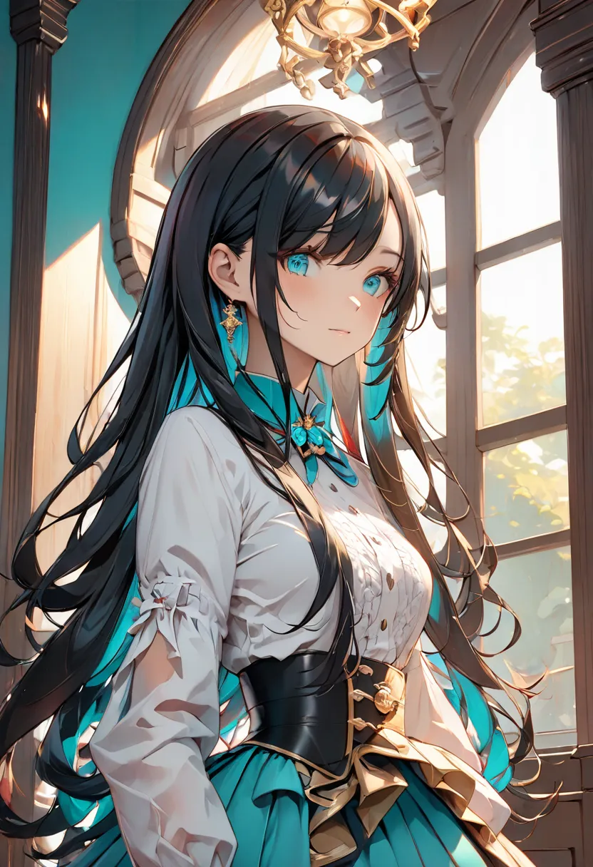 1girl, black hair, turquoise eyes, white shirts, white iliy, long hair, asymmetrical bangs, rococo style, chromatic aberration, masterpiece