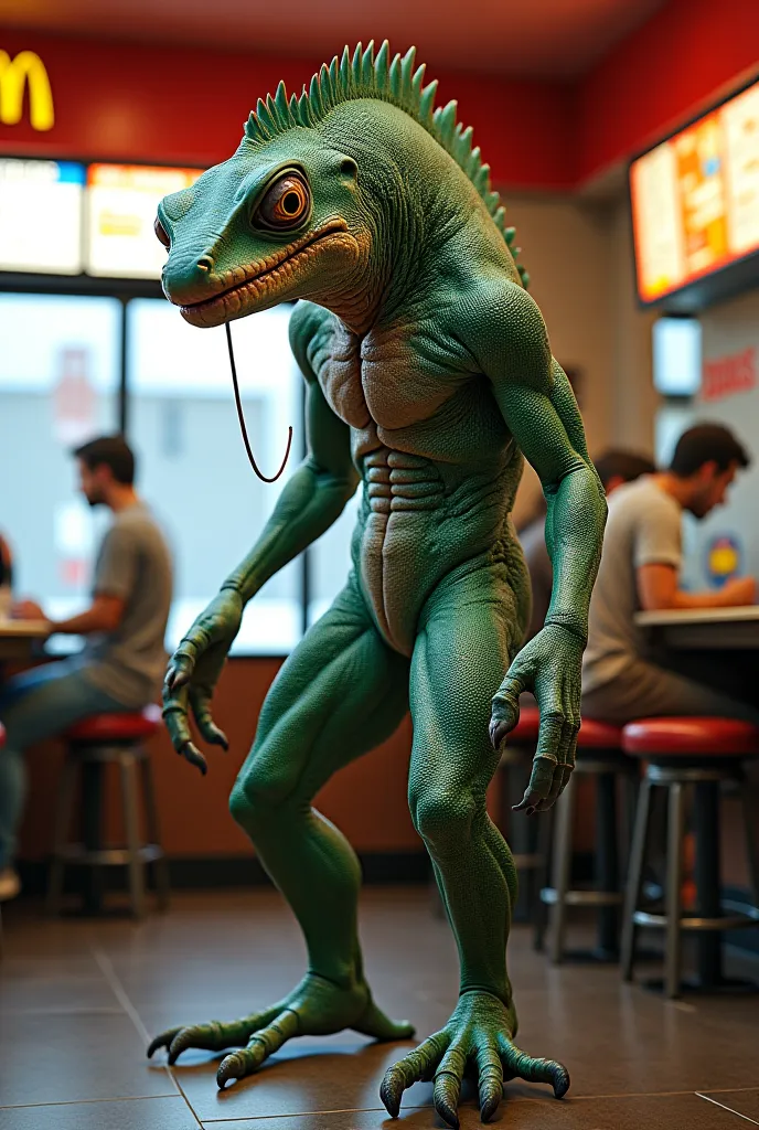 An all-muscular, semi-human chameleon ordering inside the McDonald's bar 