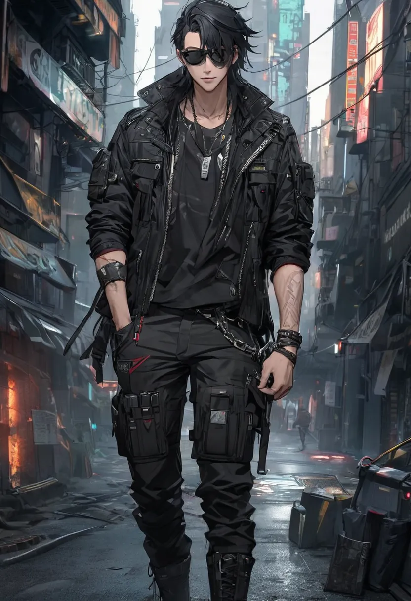 male character with a modern and rebellious style, inspired by cyberpunk or urban aesthetics.

 description of the style :

Clothes:

black leather jacket with metallic details, giving it a rude and stylized air.

tight black t-shirt, highlighting his athl...