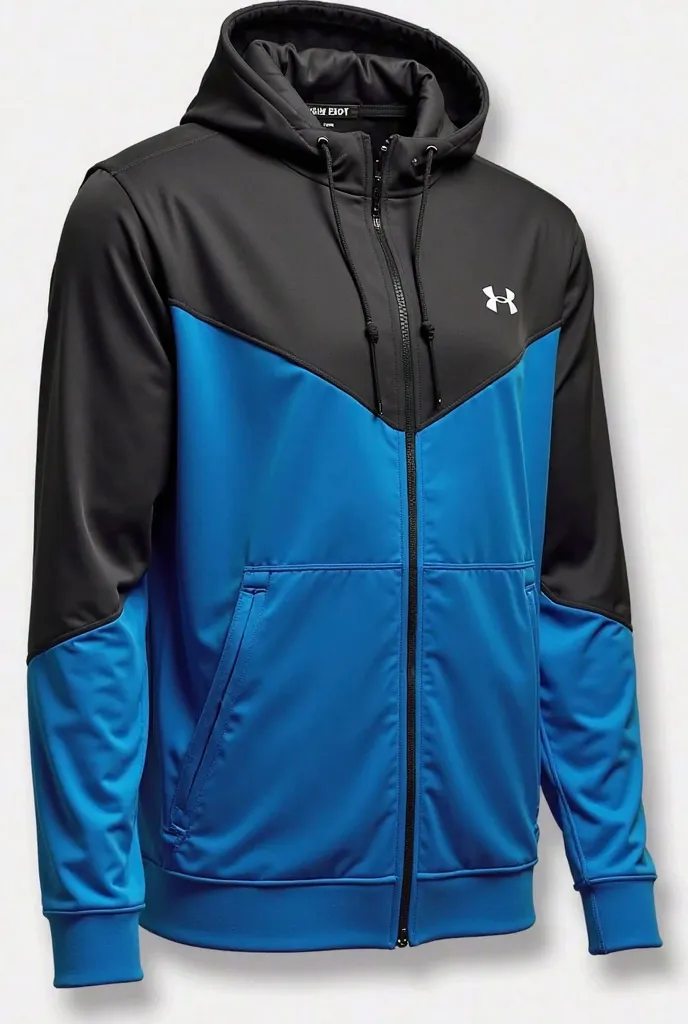 
Create a high-quality, ultra-realistic image of a men's Under Armour sports hoodie . The hoodie features a two-tone panel design, with the upper chest, shoulders, sleeves, and hood in black, while the lower section is vibrant blue. The transition between ...