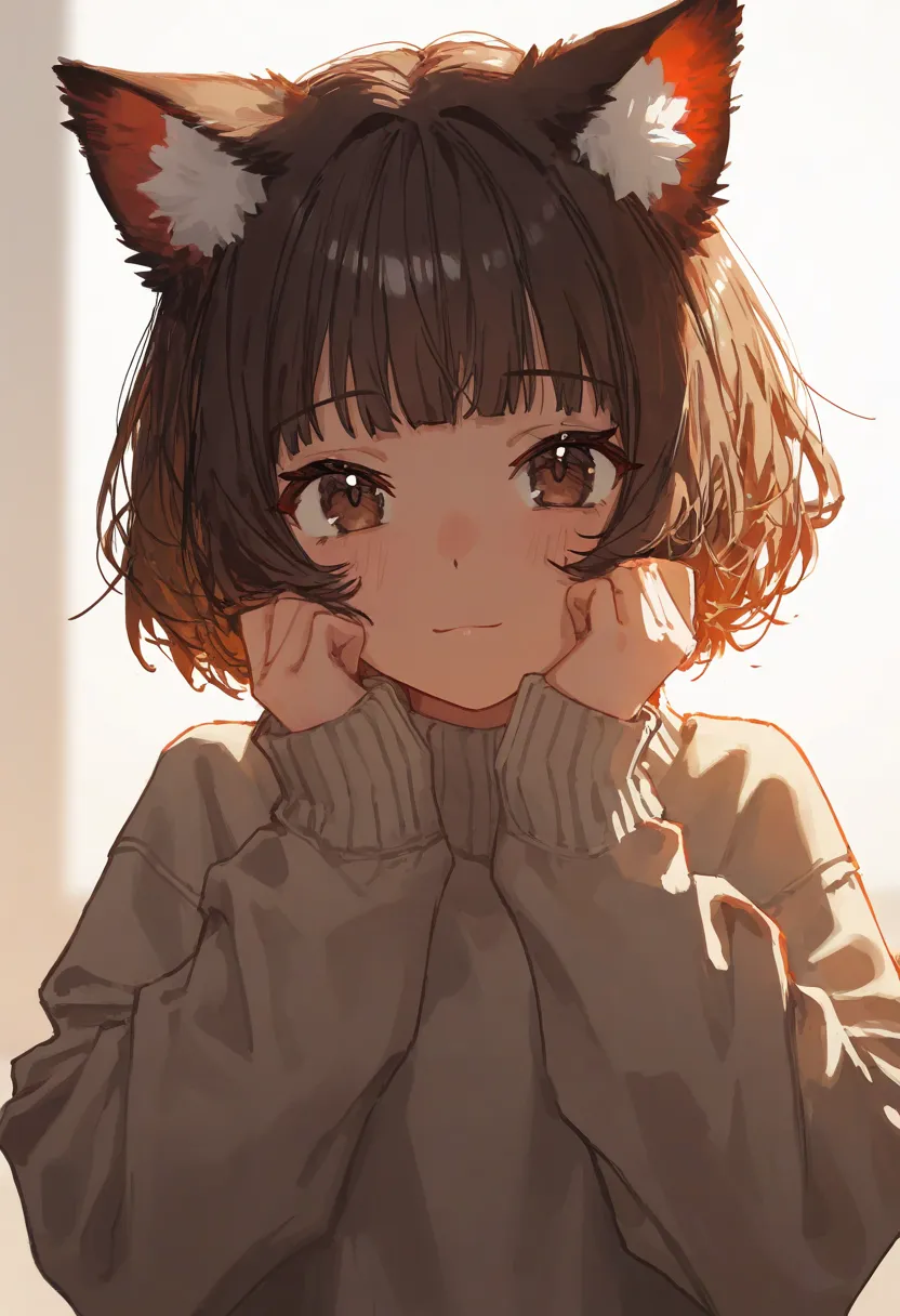 aruhshura, detailed eyes, animal ears, brown hair, brown eyes, oversized clothing, cute face, hands on cheeks, fluffy ears, soft lighting, cozy atmosphere, looking at viewer, warm color palette, glistening detailed hair, soft lighting, high detail