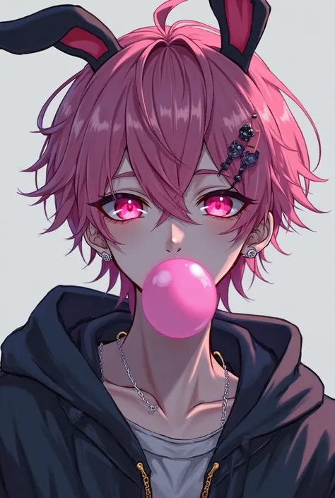 A young cool anime guy with pink hair and a rabbit ears hair clip wearing earrings and blowing bubble gum and chain,cute,should &#39,be cute but gloomy pink glowing eyes 