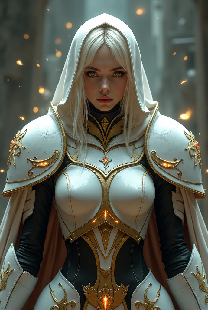 The first plan is close. Warhammer 40,000, Adeptus Sororitas, short platinum hair, white power armor with a golden pattern, Persian appearance, glowing eyes, magic, Gal Gadot. A stern look, an imperious aura. hd