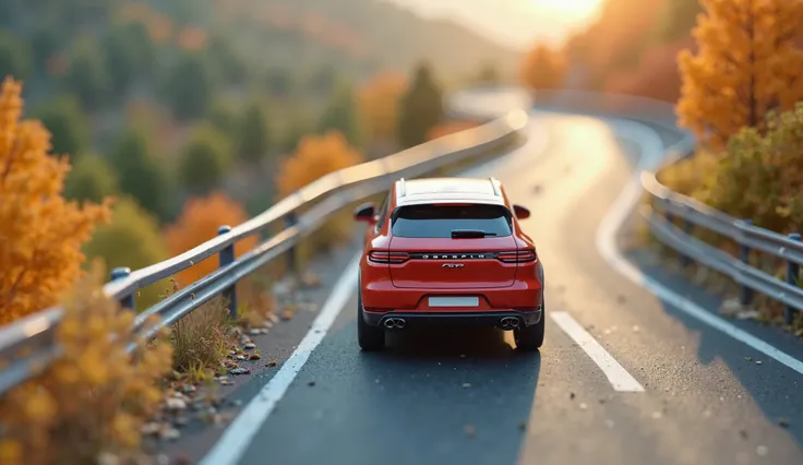 Playmobil's red Porsche SUV drives on a Playmobil motorway,Seen from above ca.500 meters , bird's eye view,The car is seen very small from above,You can't see who is sitting in the car