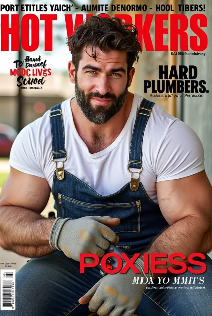  A Handsome California man, (USA) Brunnete and White skin, Blue eyes.  Musular hot and very sexy, Shot but curly and messy hair, male model, blue collar. He looks a sexy smile to camara. He wears an open suspenders coverall, tight white t-shit, gloves, and...