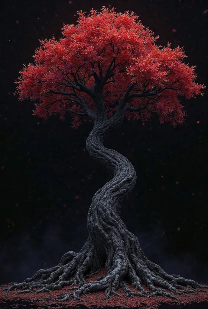 You can generate an image of a tree with roots, a black background, and the red leaves and a dark trunk 