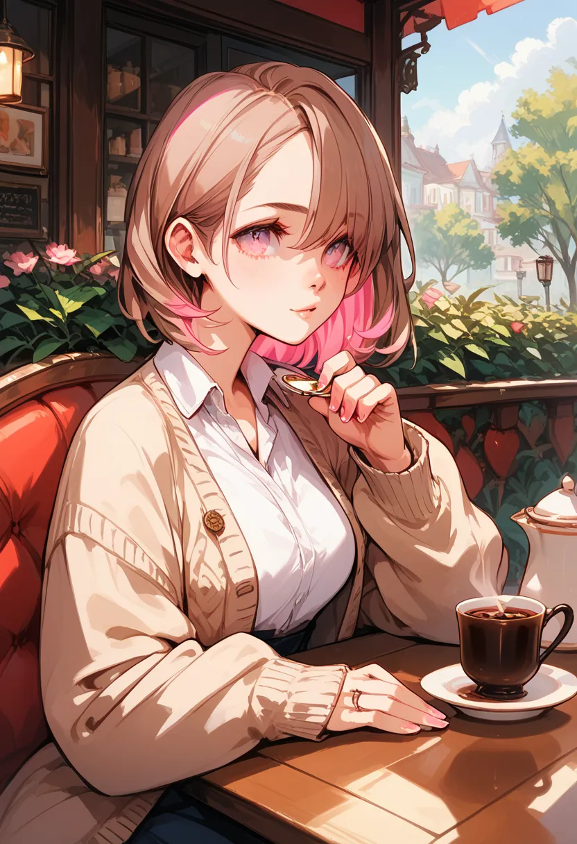 Alone,medium hair,pink highlights on brown hair, dress,woman, Light Pink Eyes ,Afternoon Tea,cardigan, handsome