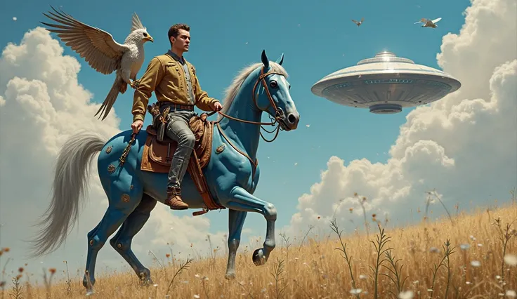 Painting of a man and a Terminator robot with a bird on their shoulder sitting on a blue horse and a flying saucer in the sky, inspired by Michael Cheval, Michael Cheval (    unreal engine    , hyperrealistic Art Nouveau, Decorated art, Esao Andrews : : De...